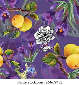 Watercolor apples on tree twigs and pansy flowers seamless pattern on purple background vector illustration