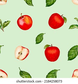 Watercolor Apples pattern , apples and leaves. Seamless texture design.