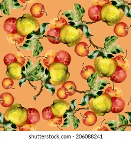 Watercolor apples seamless pattern on orange background, vector