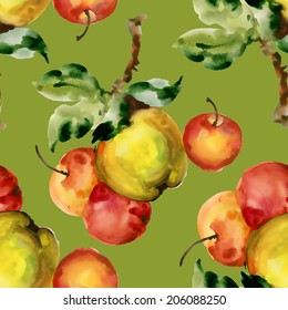 Watercolor apples seamless pattern on green background, vector