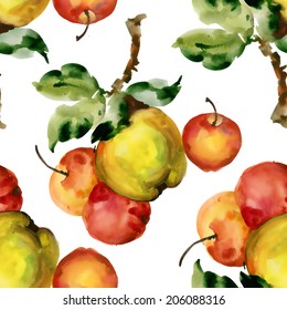 Watercolor apples seamless pattern on white background, vector