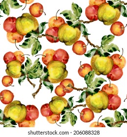 Watercolor apples seamless pattern on white background, vector