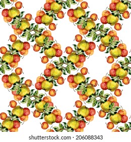 Watercolor apples seamless pattern on white background, vector