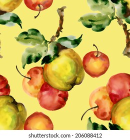 Watercolor apples seamless pattern on yellow background, vector