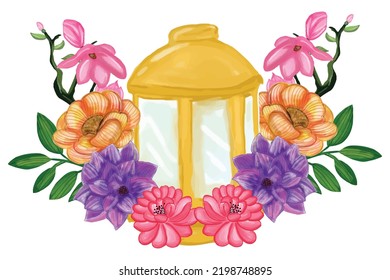 watercolor arabic lantern with variant floral color isolated on white background