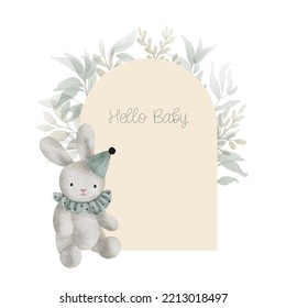 Watercolor arch baby shower card with green leaves and plush toy bunny. Hand drawn clipart. Perfect for card, postcard, tag, invitation, printing, wrapping