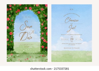 Watercolor archway red rose flower garden landscape wedding invitation set