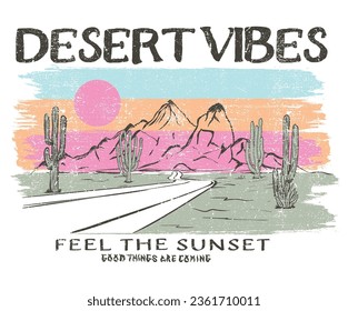 Watercolor arizona desert state graphic print artwork for apparel, t shirt, sticker, poster, wallpaper and others. desert cactus artwork. Desert vibes vector. Feel the sunset. 