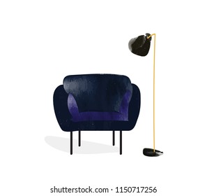 watercolor armchair and lamp. hand drawn chair. vector furniture illustration. mid century modern interior design. 