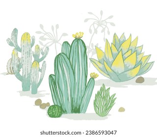 Watercolor arrangement of cactuses and succulents. Illustration of houseplant. Mexican flowers composition.