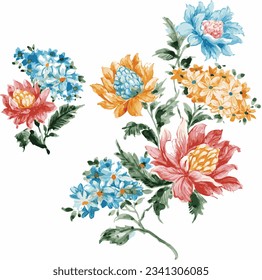 watercolor arrangements with garden flowers. Decorative flower elements template. Flat cartoon illustration isolated on white background