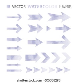 Watercolor arrows- vector design set. Isolated objects on a white background. Different shapes - thick, big, small... Use as decoration or illustration to report, slideshow, banner etc.  Eps 10