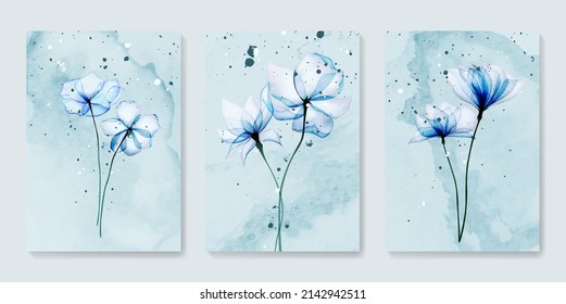 Watercolor art background with blue flowers. A set of posters with flower bouquets for the design of invitations, prints, wallpapers, decor, packaging