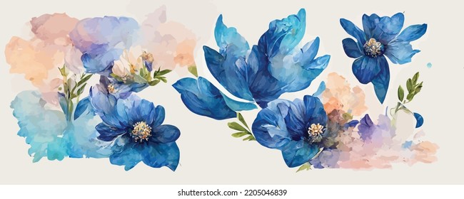 watercolor art background with blue flowers