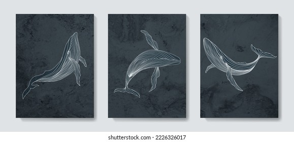 Watercolor art background in blue tones with whales in white art line style. Animal hand drawn poster set for decoration, print, textile, wallpaper, interior design.