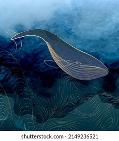 Watercolor art background with blue whale in waves in gold line art style. Vector poster with ink textures for design wallpaper, social media, banner, print, textile