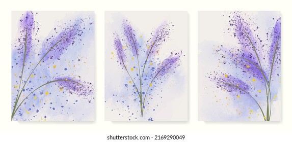 Watercolor art background with a bouquet of lavender in purple and blue colors. Botanical ink poster set for design wallpaper, textile, decor, print, invitations