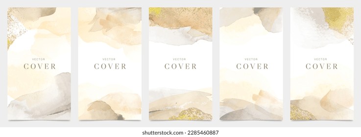 Aquarellfarben-Deckblatt-Set. Tapete-Design mit Farbpinsel, Beige, Pinselstrich, Pastellfarben, Goldstruktur. Earth Ton-Illustration für Drucke, Wandkunst und Einladungskarte, Banner.