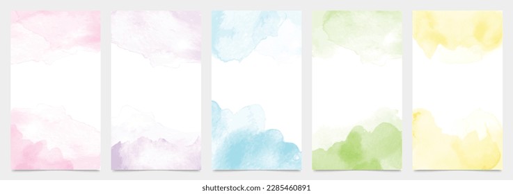 Watercolor art background cover template set. Wallpaper design with paint brush, pink, blue,green, yellow color, brush stroke. Abstract illustration for prints, wall art and invitation card, banner.