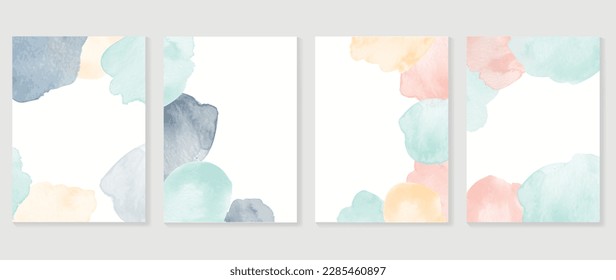Watercolor art background cover template set. Wallpaper design with paint brush, blue, pink, orange color, brush stroke, pastel. Abstract illustration for prints, wall art and invitation card, banner.