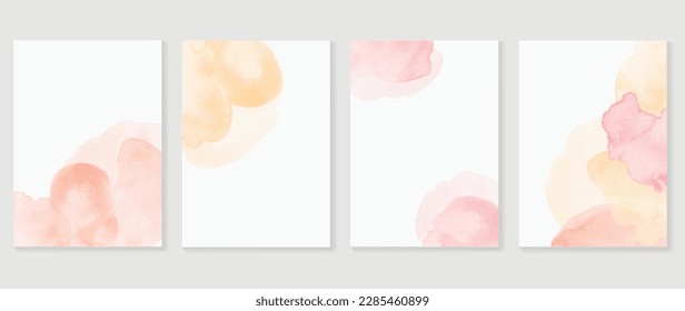 Watercolor art background cover template set. Wallpaper design with paint brush, pink, orange color, brush stroke, pastel. Abstract illustration for prints, wall art and invitation card, banner.