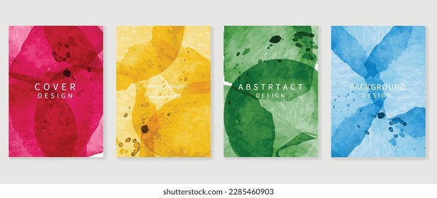 Watercolor art background cover template set. Wallpaper design with paint brush, pink, blue,green, yellow color, brush stroke. Abstract illustration for prints, wall art and invitation card, banner.