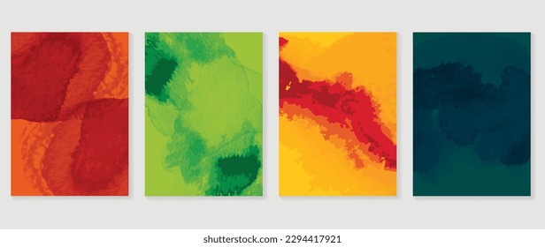 Watercolor art background cover template set. Wallpaper design with paint brush, pink, blue,green, yellow color, brush stroke. Abstract illustration for prints, wall art and invitation card, banner.