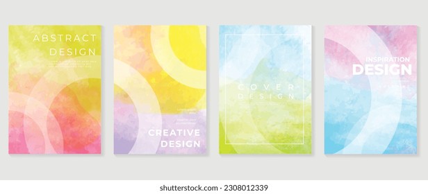 Watercolor art background cover template set. Wallpaper design with circle, square, colorful, geometric shape. Abstract illustration for prints, wall art and invitation card, banner.