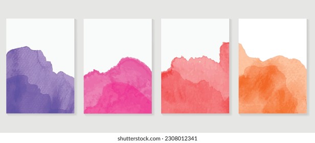 Watercolor art background cover template set. Wallpaper design with paint brush, pink, purple, red, orange color, brush stroke. Abstract illustration for prints, wall art and invitation card, banner.