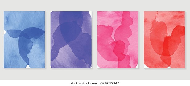 Conjunto de plantillas de la cubierta de fondo de color de agua. Diseño de papel tapiz con pincel, rosa, rojo, azul, color púrpura, trazo de pincel. Ilustración abstracta de impresiones, arte mural y tarjeta de invitación, pancarta.