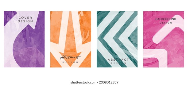 Watercolor art background cover template set. Wallpaper design with arrows, pink, purple, green, orange, geometric shape. Abstract illustration for prints, wall art and invitation card, banner.