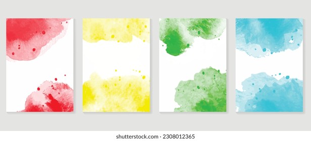 Watercolor art background cover template set. Wallpaper design with paint brush, red, yellow, green, blue, brush stroke. Abstract illustration for prints, wall art and invitation card, banner.