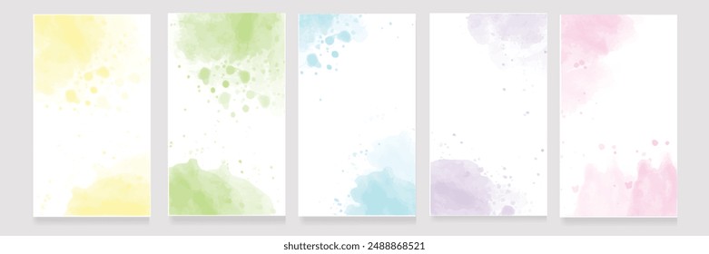 Watercolor art background cover template set. Wallpaper design with paint brush, pink, blue,green, yellow color, brush stroke. Abstract illustration for prints, wall art and invitation card, banner.
