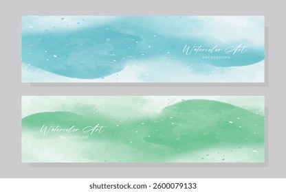 Watercolor art background cover template set. Wallpaper design with paint brush, blue, green, color, brush stroke. Abstract illustration for prints, header, footer, cover. card 