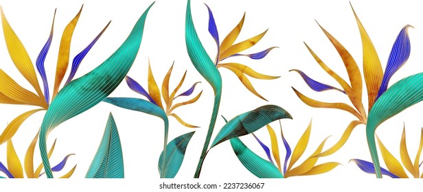 Watercolor art background with hand drawn paradise flowers with golden elements in art line style. Botanical banner for decor, print, wallpaper, textile, interior design.