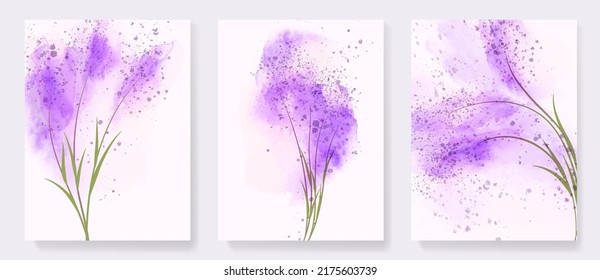 Watercolor art background with lavender flowers and purple glitter. Botanical set of ink prints for decor, wallpapers, invitations