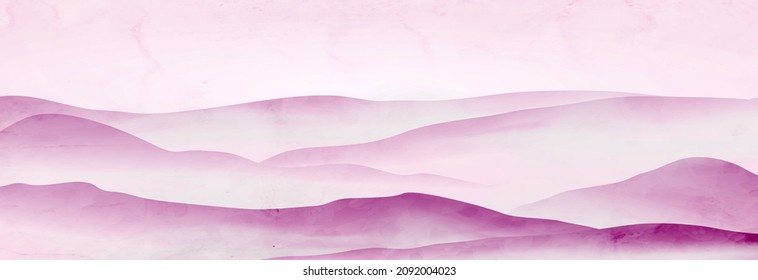 Watercolor art background with mountains in the fog in pink. Landscape embossed banner in style for interior design, print, wallpaper