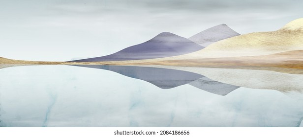 Watercolor art background with mountains and hills on the lake. Landscape banner in earthy tones in a minimalist style for art decoration and print design