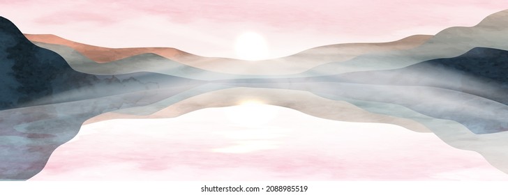 Watercolor art background with mountains and hills on the lake with the sun at sunset. Landscape banner in warm colors for decoration, design, print