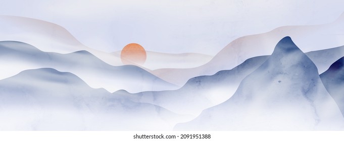 Watercolor art background with mountains and hills in the fog in style. Landscape banner in blue tones for interior design, wallpaper, print