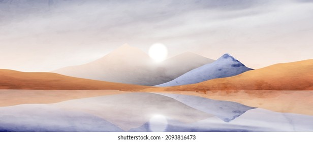 Watercolor Art Background With Mountains And Hills On The Lake With The Sun. Landscape Banner In Earth Tones Ink For Home Interior Design, Print, Wallpaper