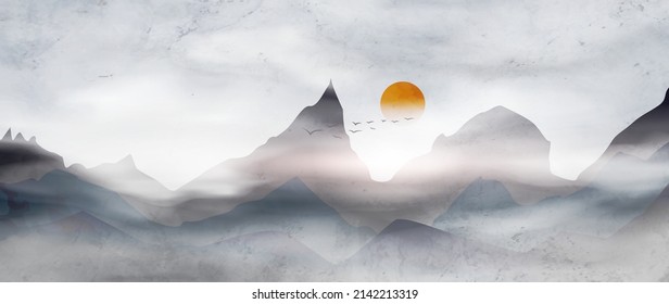 Watercolor art background with mountains and hills in blue tones with sun. Landscape banner for wallpaper design, decor, interior, packaging