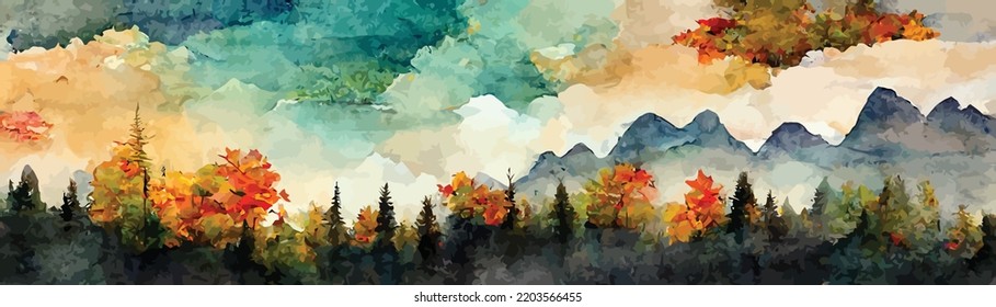 watercolor art background with mountains and hills