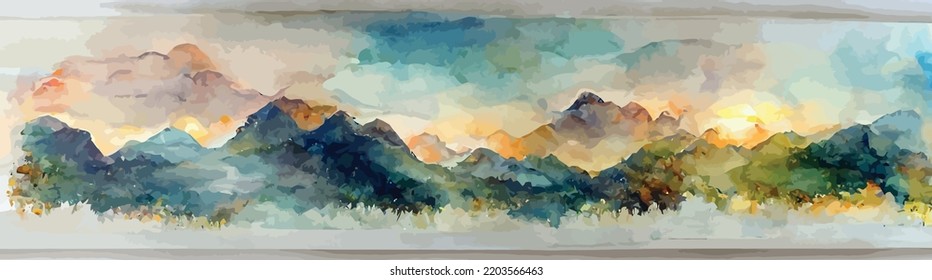 watercolor art background with mountains and hills