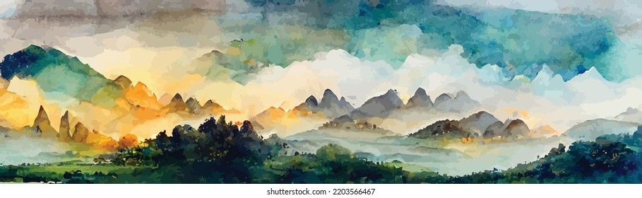 watercolor art background with mountains and hills