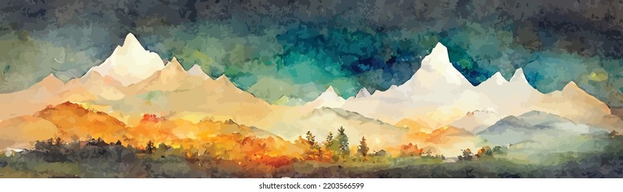 watercolor art background with mountains and hills