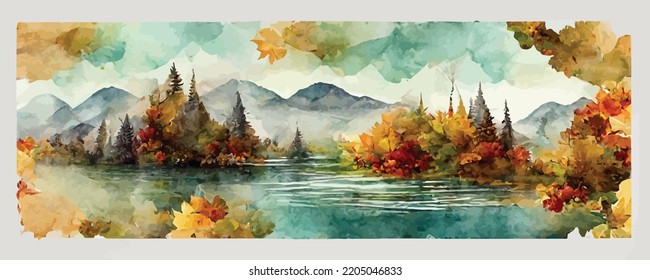 watercolor art background with mountains and hills, autumn