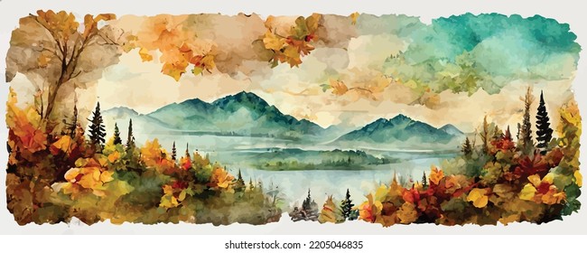 watercolor art background with mountains and hills, autumn