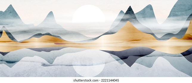 Watercolor art background with mountains and hills in blue and gold on the sea or lake. Vector landscape banner for wallpaper design, decor, print, interior design, packaging, textile.