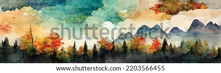 watercolor art background with mountains and hills